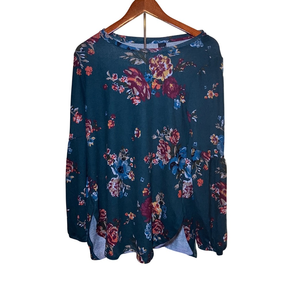 Lildy Floral Bishop Sleeve Tunic Women S-M Teal Round Hem Top NWT Top